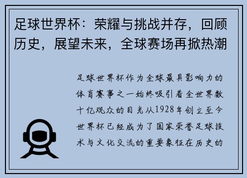 足球世界杯：荣耀与挑战并存，回顾历史，展望未来，全球赛场再掀热潮