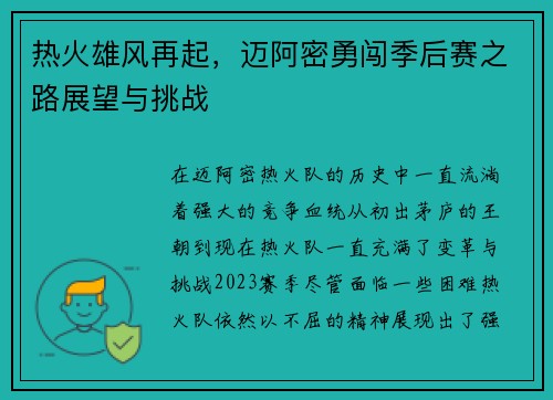 热火雄风再起，迈阿密勇闯季后赛之路展望与挑战